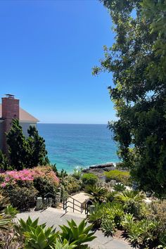 an ocean view is seen through the trees