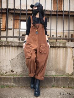 Lasaky - Stylish Monochrome Jumpsuit with High Waist and Casual Dungaree Design Brown Cotton Winter Jumpsuits And Rompers, Vintage Brown Cotton Overalls, Brown Utility Overalls For Fall, Korean Street Fashion Casual, Solid Color Jumpsuits, Bodycon Tank Dress, Utility Jumpsuit, Balloon Pants, Bodycon Jumpsuit