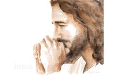 a watercolor painting of jesus with his hands clasped to his chest and eyes closed