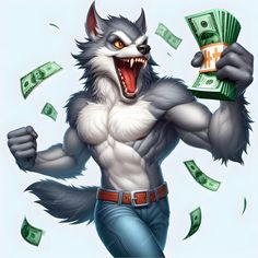 a wolf that is holding some money in his hand and it's mouth open