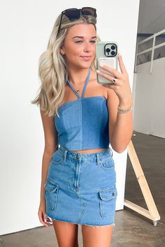 Denim Halter Top, Halter Strap, Straight Neckline, Dress Jewelry, Women Clothing Boutique, Dress Romper, Leggings Shop, Denim Fabric, Denim Blue