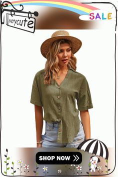 Army Green Side Split Button Short Sleeve Shirt Summer Button-up Shirt With Buttons, Green V-neck Shirt With Button Closure, Button-up Vacation Shirt, Summer Button-up Tops With Button Closure, Solid Color Button-up Tops For Summer, Green Tops With Button Closure For Summer, Summer V-neck Shirt With Button Closure, Summer Casual Tops With Buttons, Summer Khaki Solid Color Tops