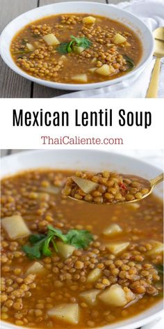 mexican lentil soup in a white bowl with a spoon