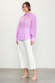 Embroidered eyelets create a peekaboo effect on this airy long-sleeve blouse. Button it up over a tonal cami or layer it on top of your swimwear while on holiday. •Pointed collar •Button front placket •Long sleeves •Barrel cuffs •Shirttail hem Item Number: 45547 Chic Spring Eyelet Blouse, Summer Long Sleeve Blouse With Broderie Anglaise, Feminine Button-up Blouse For Vacation, Chic Eyelet Blouse For Daywear, Spring Eyelet Button-up Top, Feminine Eyelet Blouse For Day Out, Chic Eyelet Blouse For Day Out, Summer Button-up Blouse With Broderie Anglaise, Spring Button-up Blouse With Broderie Anglaise