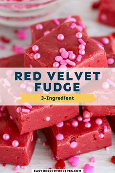 red velvet fudge recipe with pink and white sprinkles on the top