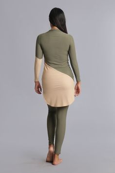 One-piece modest Swim Dress only (Swim Bottoms sold separately). Long sleeved knee length open swim dress in Olive with diagonal contrast colour detailing to front, back and sleeve in Hazelnut to create length and dimension. High neck. Fully lined front. Adjustable secure inner button tab to attach to swim tights.  Pair with Swim Tights or Harem Swim Joggers for full body UPF50+ sun protection.  -UPF50+ sun protection -Breathable -Lightweight -Quick-drying -Anti-crease 82% nylon, 18% elastane. Hijabi Swimwear, Swim Dress Modest, Full Coverage Swimwear, Swim Leggings, Long Sleeve Swim, Swim Sets, Swimsuit Set, Pearl Jewellery Earrings, Kids Swimwear