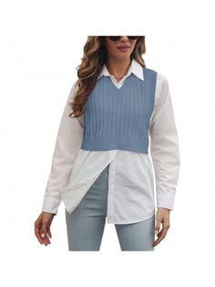 BZB Women's V-Neck Knit Sweater Vest Solid Color Argyle Plaid Preppy Style Sleeveless Crop Knit Vest Blue Casual    Plain    Women Clothing, size features are:Bust: ,Length: ,Sleeve Length: Outfit Chaleco Azul, Blue Vest Outfit, Knit Sweater Vest, Estilo Preppy, Short Vest, Knit Vest, Knitwear Women, Womens Vest, Blue Sweaters