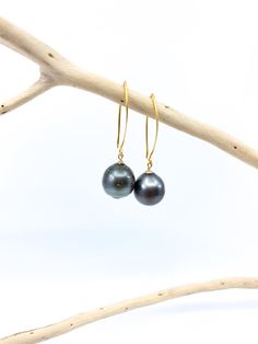 This is a simple, classic earring with a beautiful pair of Tahitian pearls. No two Tahitian pearls are alike, so matching them into pairs is a challenging task. In addition to the shape, the color tone of the pearl's surface varies in each one because they are naturally colored, non-died pearls. The hook-shaped ear wire is made of vermeil and about 1 inch/ 2.5 cm in length. There is a longer hook version of this style available as well in the listings. Total length : 1.5 inches / 2.5 cm Tahitian Classic Tahitian Pearl Earrings As Gift, Classic Tahitian Pearl Earrings For Gift, Tahitian Pearl Dangle Earrings Gift, Classic Tahitian Pearl Jewelry With Matching Earrings, Classic Tahitian Pearl Drop Jewelry, Tahitian Pearl Drop Earrings, Classic Tahitian Pearl Earrings, Classic Gold Tahitian Pearl Earrings, Gold Tahitian Pearl Earrings Gift