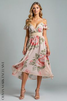 Olivia Mark - Elegant Floral Print Cold-Shoulder Midi Dress with Lace Detail Spring Fitted Cold Shoulder Maxi Dress, Spring Floral Print Off Shoulder Dress For Brunch, Spring Floral Print Off-shoulder Dress For Brunch, Pink Off-shoulder Sundress Maxi Dress, Spring Brunch Off Shoulder Dress With Floral Print, Flowy Cold Shoulder Summer Dresses, Spring Flowy Cold Shoulder Dress, Summer Flowy Cold Shoulder Dresses, Off-shoulder Pink Floral Print Maxi Dress