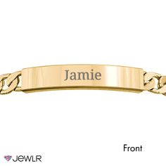 Personalize the perfect statement gift for any occasion. Engrave the front of this adjustable ID bracelet with a name or a special date and add a meaningful message to the back. Crafted in yellow ion-plated stainless steel, this men's curb-link chain bracelet features a removable link and can be adjusted from 7.75" to 9.25" to create just the right fit. Classic Gold Bracelet With Engraving Option, Gold Stainless Steel Bracelets With Custom Name, Anniversary Nameplate Bracelet With Engraving Option, Elegant Stainless Steel Nameplate Bracelet, Classic Engraved Gold Bracelet For Personalized Gift, Adjustable Engraved Bracelets For Formal Occasions, Gold Custom Name Bracelet In Stainless Steel, Classic Gold Name Bracelet With Engraving Option, Classic Jewelry With Engraved Text