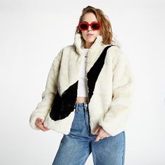 Women's Nike Sportswear Faux Fur Fossil White Jacket DM1759 Features: -Full zip Oversized Faux Fur Jacket -Nike Swoosh logo in front -Ribbed Cuff for snug fit around wrist and waist -Care instruction tag attached inside (Dry Clean Only) -Material: 100% Polyester -Style/Model: DM1759-238- Ivory DM1759-010 Black -New with original official license tags attached -MSRP: $175 -Imported, Limited Faux Jacket, Jacket Nike, Nike Swoosh Logo, Swoosh Logo, Nike Swoosh, Oversized Jacket, White Jacket, Faux Fur Jacket, Fur Jacket