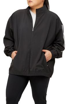 A back vent adds breathability to a sporty jacket complete with reflective stripes on the sleeves. Stand collar   90% recycled polyester, 10% spandex   Hand wash, line dry   Imported Sportswear Windbreaker In Recycled Polyester, Recycled Polyester Windbreaker For Sports, Black Recycled Polyester Windbreaker For Sports, Moisture-wicking Recycled Polyester Athleisure Windbreaker, Moisture-wicking Recycled Polyester Outerwear For Sports, Black Stretch Track Jacket For Outdoor Activities, Athleisure Sports Windbreaker In Recycled Polyester, Nylon Moisture-wicking Track Jacket For Training, Nylon Moisture-wicking Track Jacket For Sports