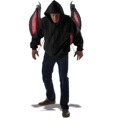 a man in a black hoodie with two bats on his head and hands outstretched