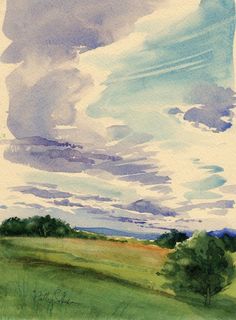 a watercolor painting of clouds over a green field