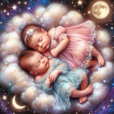 two babies are sleeping on a cloud with the moon in the sky and stars behind them