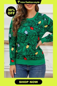 Casual Christmas Tree Basic O Neck Tops Green Holiday Sweater For Winter, Green Winter Holiday Sweater, Casual Christmas Sweater For Festive Occasions, Green Casual Christmas Sweater, Festive Green Tops For Winter, Green Festive Top For Winter, Green Festive Tops For Winter, Green Tops For Fall Holiday, Green Christmas Sweater For Holidays