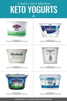 some yogurts are shown with the words, stay high protein keto yogurts