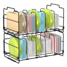 three tiered rack holding plates and folders