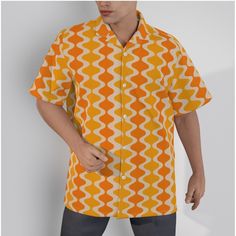 Retro Shirt Men, Retro Top, Mid Century Style Top, 60s 70s style shirt, Vintage Style Top, Yellow Orange Shirt, Hawaiian Shirt, Dress Shirt Designed in California, Made to order overseas This mod 60s inspired men's Hawaiian shirt features a striking orange and yellow wavy pattern print, inspired by the bold designs of the vintage 60s and 70s. Made from high-quality wrinkle-resistant polyester fabric, this shirt is perfect for daily wear. With its short-sleeve design and classic collar, it's an i Short Sleeve Camp Shirt With Retro Print For Spring, Summer Collared Shirt With Retro Print, Spring Retro Print Short Sleeve Camp Shirt, Short Sleeve Shirt With Retro Print For Spring, Yellow Short Sleeve Shirt With Retro Print, Retro Short Sleeve Camp Shirt For Spring, Spring Retro Print Shirt With Camp Collar, Yellow Retro Print Short Sleeve Shirt, Vintage Shirt With Retro Print And Relaxed Fit