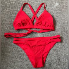 -Never Worn, Great Condition -Bikini Top Is Size D/Dd -Bottoms Are Full Coverage And Size M With Gold Accents -From A Smoke Free And Pet Free Home. Red Tankini With Built-in Bra For Summer, Red T-back Swimwear For The Beach, Red Tankini With Built-in Bra For Pool, Red T-back Swimwear For Beach, Red Tankini With Built-in Bra For Vacation, Red Stretch Tankini For Beachwear, Red Stretch Summer Tankini, Red Stretch Tankini For Poolside, Red Bra-friendly Tankini For Summer