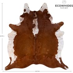 the brown and white cowhide rug is shown with measurements for each animal's skin