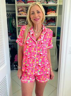 Get ready for some fun in our Cocktails & Dreams Pajama Set! They're bright and super soft in the cutest design! This set is just the cutest. It fits true to size! Made in our signature buttery soft fabric, this style features our adorable bow trim shorts and our short sleeve button top. Once you try our pajamas you won't want to wear anything else! These pajamas fit true to size. I am wearing a medium! Size Recommendations: S: 0-4, M: 6-8, L: 10-12, XL: 14-16, 2XL: 18-20 Moh Duties, Hot Pink Shorts, 21 Birthday, Cute Lazy Day Outfits, Lazy Day Outfits, Button Top, Pajama Set Women, Short Pajama Set, Pajama Sets