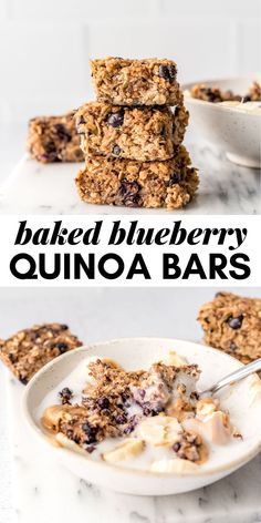 baked blueberry quinoa bars are stacked on top of each other and ready to be eaten