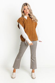 - This cutie is giving pumpkin spice vibes!
 - Tight knit material featuring block and cable knit patterns
 - A crew cut neckline with a ribbed texture
 - Short sleeves
 - A relaxed silhouette that ends in a straight hemline with ribbed detail Trendy Ribbed Sweater Vest For Fall, Ribbed Sweater Vest For Workwear In Fall, Brown Knit Sweater Vest For Work, Fall Textured Knit Sweater Vest With Crew Neck, Fall Textured Knit Crew Neck Sweater Vest, Textured Knit Crew Neck Sweater Vest For Fall, Fall Workwear Cable Knit Tops, Fall Cable Knit Tops For Workwear, Trendy Brown Cable Knit Top