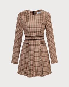 Details: - Brown - Work - Vintage - Plaid - Pleated - Button - Pockets - A-Line - Round Neck - Long Sleeves - Mini - Slim Fit - No Stretch - 97% Polyester, 3% Spandex - Machine wash or professional dry Fabric: This Plaid Mini Dress is made of Polyester and Spandex. Polyester is an artificial fiber that feels soft, looks lustrous, and dries fast. It's also durable, with good resistance to wrinkles, stains, and sunlight. Spandex is lightweight and comfortable to wear, resistant to sweat, has excel Plaid Mini Dress, Tailored Clothes, Black Pantyhose, Vintage Plaid, Brown Dress, Long Sleeve Mini, Floral Mini Dress, Mini Dresses, Favorite Dress