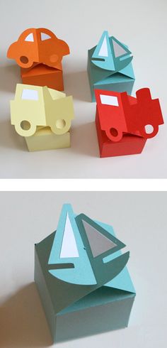 three different types of paper cars sitting on top of each other