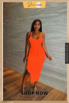 Get Me Bodied Midi Dress Bodycon Fashion, Dresses By Length, Color Pick, Strap Dress, Spaghetti Strap Dresses, 1 Million, Women's Fashion Dresses, Ankle Length, Orange Color