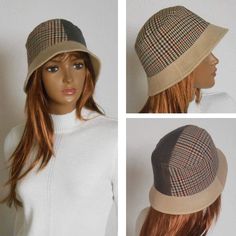 Size 57-58 cm  Women's bucket hat. This is a fashionable and stylish hat for the cold season. Winter hat with small brim. The women's hat is made of checkered fabric and monochrome brown fabric with a slight shiny effect.   Beautiful combination of colors - beige and brown.  Hat with warm lining.  Size 57-58 cm Fitted Brimmed Bucket Hat For Winter, Fitted Brimmed Winter Bucket Hat, Casual Wide Brim Mini Hats For Winter, Casual Cloche Hat For Fall, Winter Cloche Hat With Short Brim, Classic Winter Bucket Hat, Short Brim Bucket Hat For Fall, Adjustable Short Brim Bucket Hat For Fall, Fitted Bucket Hat With Curved Brim For Winter