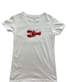 Hand embroidered lobster shirt, 8 hours of work each bead is sewn by hand. Truly a labor of love. All done by hand with glass bead details, expect variations since this is a custom piece. Soft stretchy tshirt material.  Please expect 5-7 days to be completed and shipped. Rush orders can be requested for an extra fee, please message me to inquire.  Made with love always <3 *Hand wash ideally or machine was on delicate inside out in a garment bag. Hang to dry. Fitted Casual T-shirt With Custom Embroidery, Fitted Tops With Custom Embroidery And Short Sleeves, Fitted Short Sleeve Tops With Custom Embroidery, Embroidered Lobster, With Love Always, Lobster Shirt, Beaded Shirt, Pieces Of Clothing, School Clothes