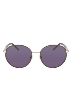 Sleek, shapely frames brings a retro-inspired vibe to these round sunglasses fitted with scratch-resistant CR-30 lenses. 53mm lens width; 17mm bridge width; 140mm temple length 100% UV protection CR-39 lenses Adjustable nonslip nose pads Metal Imported Formal Round Sunglasses With Tinted Lenses, Formal Round Frame Polarized Sunglasses, Eyewear Womens, Eyewear Sunglasses, Retro Inspired, Uv Protection, Round Sunglasses, Temple, Lenses