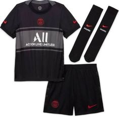 a black shirt and shorts with red nike logo on the front, along with matching socks