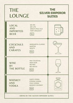 the lounge menu for silver emperor suites, which includes drinks and wine glasses in green