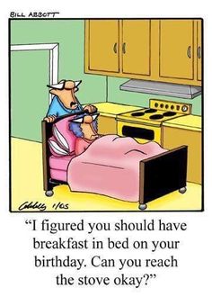 an image of a person in bed with the caption'if figured you should have breakfast in bed on your birthday, can you reach the stove okay?