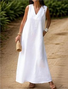 1 Sleeveless Dress Outfit, Simple Long Dress, Simple Work Outfits, White Dress Outfit, White Linen Dress, Sleeveless Linen Dress, V Dress, Long Linen Dress, White Linen Dresses