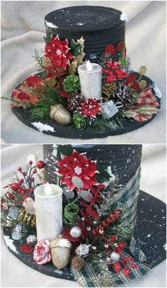 two pictures of a black hat with red poinsettis and christmas decorations on it