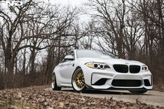 a white car parked on the side of a road in front of trees and leaves