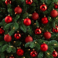 a christmas tree with red and gold baubles hanging from it's branches