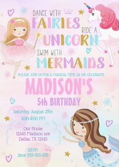 Cute mermaid, unicorn and fairy themed birthday party invitations. Girls' birthday party invites with pastel colored fairytale design. afflink Whimsical Birthday Party, Fairytale Invitation, Birthday Party Mermaid, Fairy Invitations, Unicorn Fairy, Magical Party, Unicorn And Fairies, Mermaid Unicorn, Unicorn Birthday Party Invitation