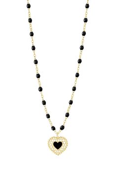 Gigi Clozeau lace heart in necklace in black/yellow gold. 18K Yellow Gold Black Beads 16.5" L Luxury Heart Bead Necklaces With Heart Pendant, Elegant Heart Pendant Necklace With Beaded Chain, Elegant Black Necklace With Heart Charm, Luxury Black Heart Pendant Necklace, Luxury Black Heart Pendant Jewelry, Black Heart Beaded Pendant Necklace, Black Heart Pendant Necklace With Heart Charm, Black Pendant Necklace With Heart Charm, Black Pendant Necklaces With Heart Charm