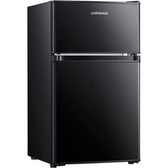 a black refrigerator freezer sitting on top of a white wall