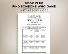 a book club flyer with the words, find someone who game instant download on it