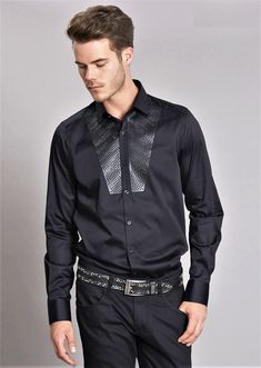 Front Panel Silicone Black Rhinestone shirt Limited edition French placket Button-down collar Long sleeves with rounded, single-button cuffs Rounded hem Cotton Dry clean Fancy Shirt For Men, Mens Party Wear, Luxury Shirt, Rhinestone Shirt, Fancy Shirt, Rhinestone Shirts, Fancy Buttons, White Rhinestone, Black Rhinestone