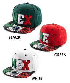 three different hats with the words ex and mex printed on each one in red, green, and white