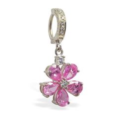 Cute pink flower belly ring made out of solid sterling silver. Fixed to the bottom of the belly ring is a pink and clear cz gem flower dangle charm. The Charm is 3/4 inch long (20mm). Total Length of the TummyToy is 1 5/16 inch (33mm). No other body jewelry offers the convenience, security and beauty of real jewelry like TummyToys. All of our comfortable belly button rings are created with you in mind, they are comfort fit and will not snag on clothing. Our easy to use patented snap-in design ma Pink Sterling Silver Flower-shaped Jewelry, Pink Flower-shaped Cubic Zirconia Jewelry, Pink Flower-shaped Sterling Silver Ring, Pink Flower Shaped Sterling Silver Ring, Pink Flower Sterling Silver Ring, Sterling Silver Flower Ring In Pink, Sterling Silver Jewelry With Pink Flower Charm, Pink Flower Charm Dangle Jewelry, Pink Cubic Zirconia Flower Ring