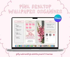 the pink desktop wallpaper organizer is displayed on a laptop screen with text overlay