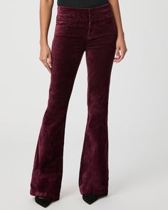 This super flattering pair sits high on the waist, is fitted through the thigh and kicks out at the knee, creating an elongating silhouette. In a dark oxblood red, this style is made from our ultra-soft, lustrous velvet that is fabricated with plenty of stretch for a comfortable and flattering fit. | PAIGE Men's High Rise Lou Flare Pant - Dark Oxblood Velvet | Size 25 Velvet Jeans, Oxblood Red, Flare Pant, Men Store, Lou Lou, Navy Velvet, Denim Shoes, Velvet Pants, Fall Shopping